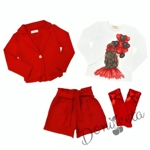 Комплект за момиче от блуза в бяло с балони, къси панталони и сако и чорапи в червено