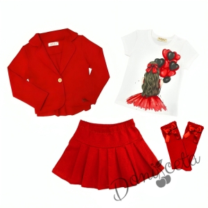 Комплект за момиче от тениска в бяло с балони, къси панталони, сако и чорапи в червено