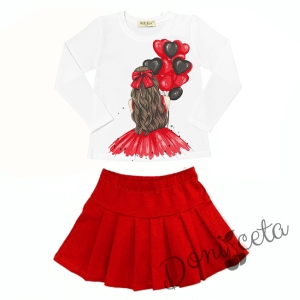 Комплект за момиче от блуза в бяло с балони в чеврено, пола плисе и чорапи в червен цвят 2