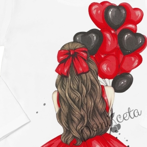 Комплект за момиче от блуза в бяло с балони в чеврено, пола плисе и чорапи в червен цвят 4