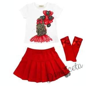 Комплект за момиче от тениска в бяло с балони, пола и чорапи в червено 1