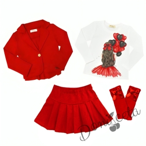 Комплект за момиче от блуза в бяло, сако,  пола плисе и чорапи в червено