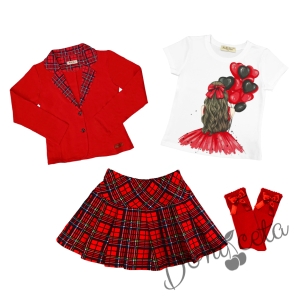 Комплект за момиче от тениска в бяло, сако, пола плисе каре и чорапи в червено 