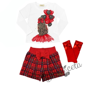 Комплект за момиче от блуза в бяло с балони, къси панталони каре и чорапи в червено
