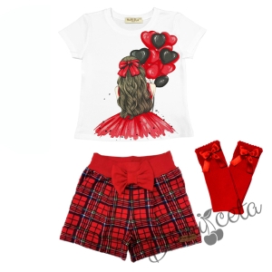 Комплект за момиче от тениска в бяло с балони, къси панталони каре и чорапи в червено 1