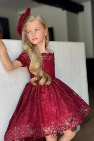 Официална детска рокля в бордо от дантела с къс ръкав и капела Ноеми 1