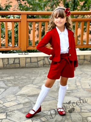 Детски комплект 3 части за момиче от къси панталонки , сако в червено и официална блуза с дълъг ръкав в бяло с дантела