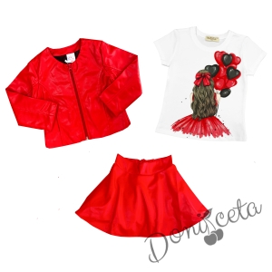 Комплект за момиче от блуза в бяло с балони в червено, кожена пола и яке с цип