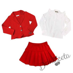 Комплект от 3 части - сако, пола плисе в червено и риза с дълъг ръкав и къдрици 1