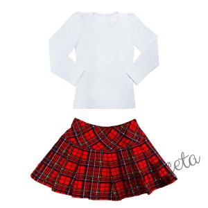 Детски комплект за момиче от пола каре, блуза в бяло с дълъг ръкав  1