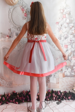 Официална детска рокля с тюл в бяло и червено с мечета 3