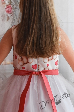 Официална детска рокля с тюл в бяло и червено с мечета 4