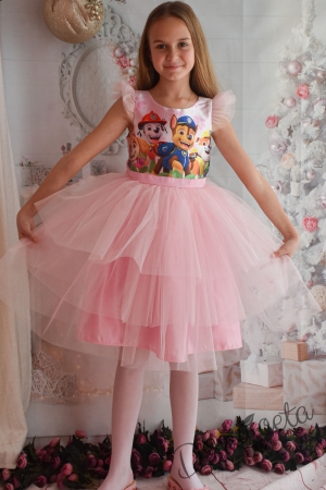 Официална детска рокля с тюл в розово с Пес Патрул
