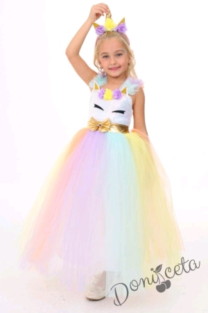 Дълга детска рокля с Пони/Еднорог с многоцветен тюл с диадема за коса