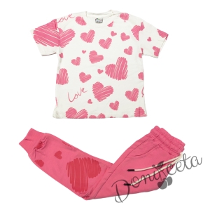 Комплект за момиче от тениска и панталон в розовона сърца