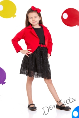 Детски комплект за момиче от 4 части- пола, сако, тениска и диадема за коса в чеврено Роус