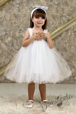 Официална детска/бебешка рокля без ръкав с богат тюл в бяло Лили