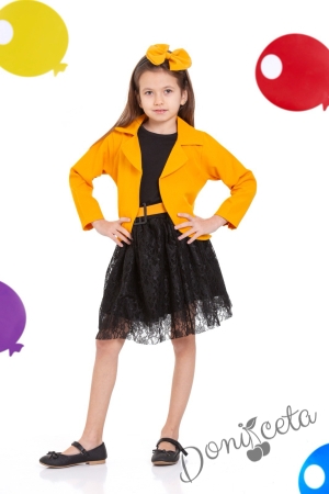 Детски комплект за момиче от 4 части- пола, сако, тениска и диадема за коса в горчица Роус