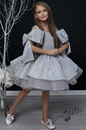 Официална детска рокля в сребристо с панделка за коса  Анастасия