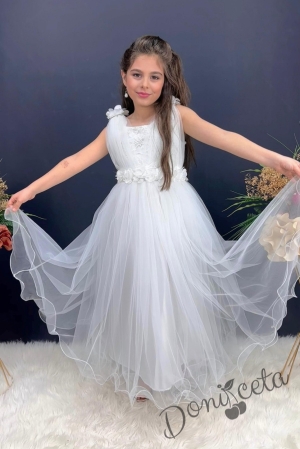 Официална детска дълга рокля в бяло с тюл без ръкав с дантела Донатела