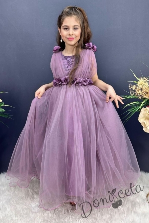 Официална детска дълга рокля в лилаво без ръкав с дантела Донатела