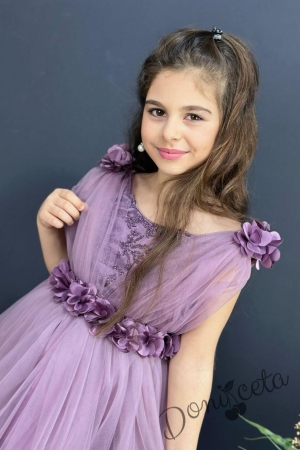 Официална детска дълга рокля в лилаво без ръкав с дантела Донатела 3