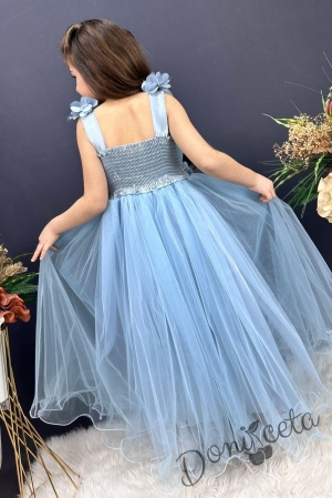 Официална детска дълга рокля в светлосиньо без ръкав с дантела Донатела 3