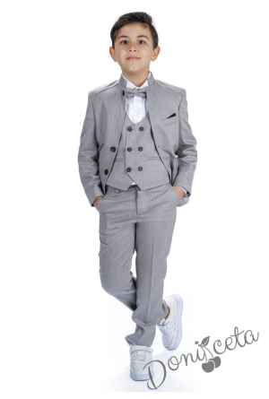 Официален костюм за момче от 5 части  с двуредово закопчаване в сиво
