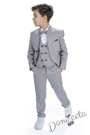 Официален костюм за момче от 5 части  с двуредово закопчаване в сиво 2