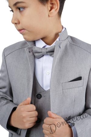 Официален костюм за момче от 5 части  с двуредово закопчаване в сиво 3