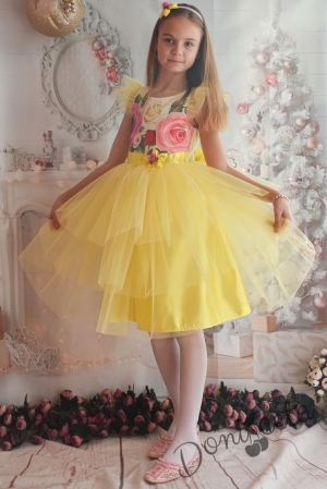 Детска рокля в жълто на цветя с тюл 288ЖРП