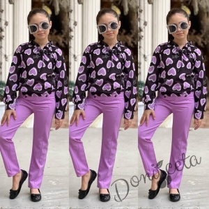 Комплект за момиче от блуза с дълъг  ръкав на сърца и панталон в лилаво 1