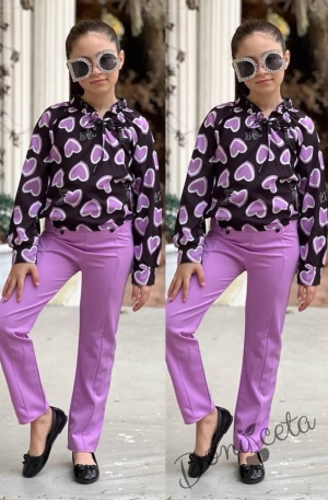 Комплект за момиче от блуза с дълъг  ръкав на сърца и панталон в лилаво 2