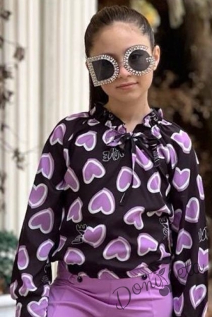 Комплект за момиче от блуза с дълъг  ръкав на сърца и панталон в лилаво 3