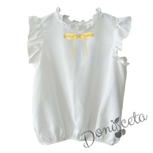 Детска риза за момиче в бяло с къс ръкав Contrast с жълта панделка 1