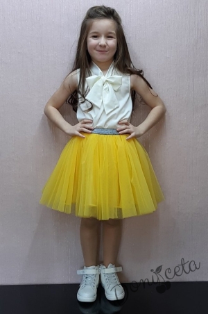Комплект от детска пола с тюл в жълто Касиди и блуза в бяло с панделка Тея