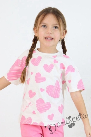 Комплект за момиче от тениска и панталон в розово със сърца 2