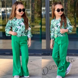 Комплект за момиче от блуза с дълъг  ръкав на цветя и панталон в зелено 1