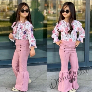 Комплект за момиче от блуза с дълъг  ръкав на цветя и панталонс копчета в пепел от рози