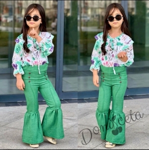 Комплект за момиче от блуза с дълъг ръкав на цветя и панталон с копчета в зелено 1