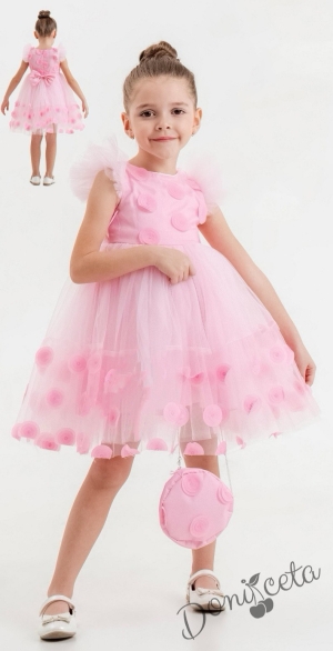 Официална детска рокля с къс ръкав на точки в розово с чанта 1
