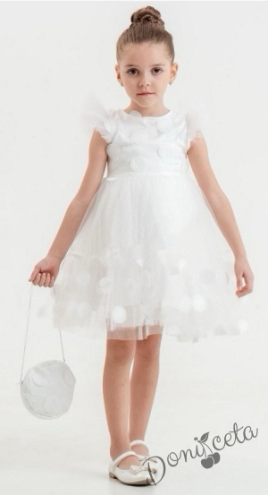 Официална детска рокля с къс ръкав на точки в бяло с чанта 1