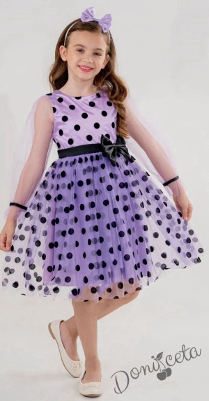 Официална детска рокля с дълъг ръкав на точки в лилаво 1