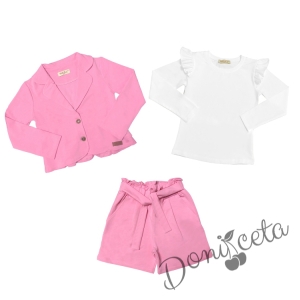 Комплект за момиче от 3 части- сако и панталони в розово и блуза в бяло