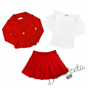 Комплект от 3 части- пола плисе и сако в червено и блуза в бяло