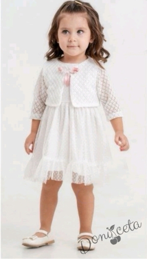 Официална/ежедневна бебешка рокля от дантела с болеро в бяло