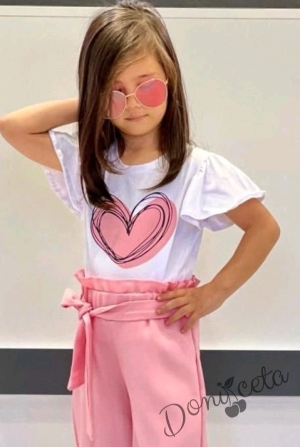 Комплект от тениска в бяло със синьо сърце и панталон в розово 2