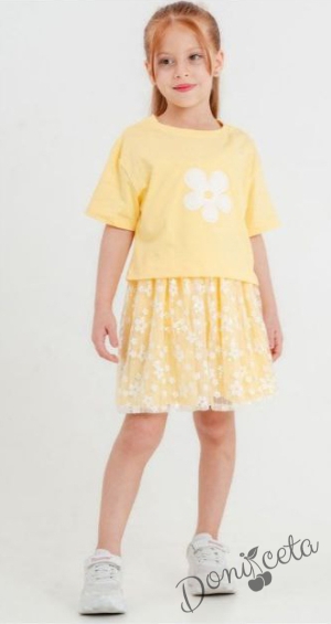 Детски комплект от 3 части- блуза, пола и фиба за коса в жълто