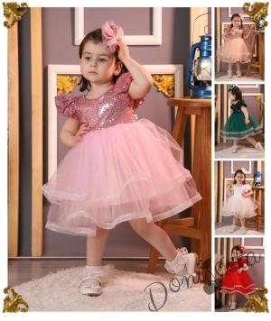 Официална детска рокля в розово с тюл и пайети Фазилет 2