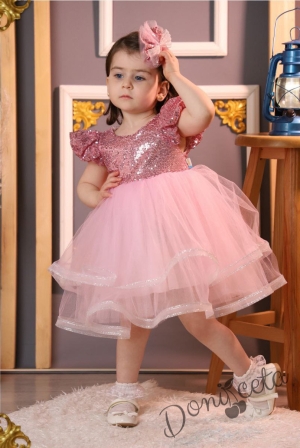 Официална детска рокля в розово с тюл и пайети Фазилет и панделка за коса 1